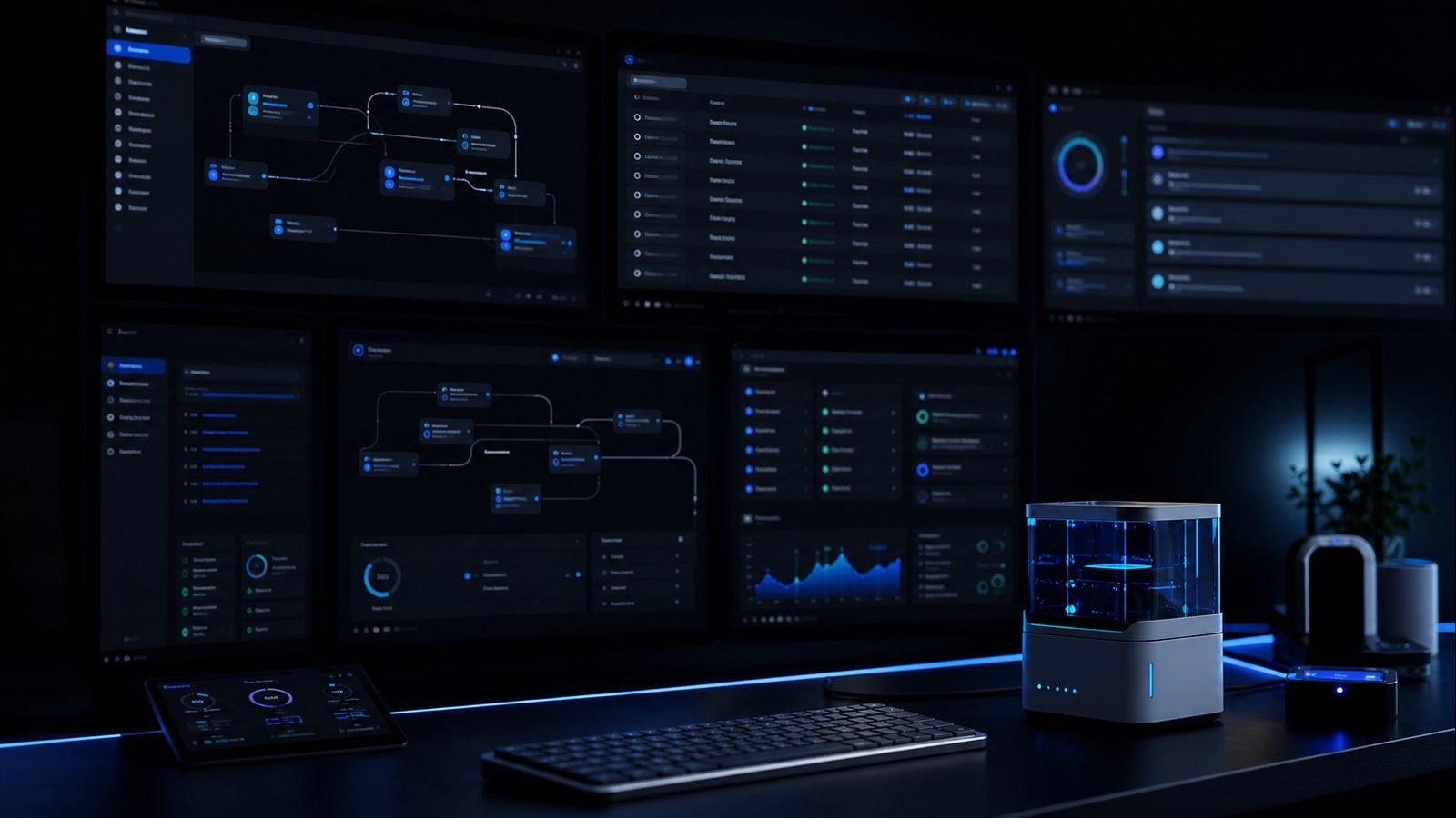 Digital product architecture, platform dashboards, and automation workspace without people