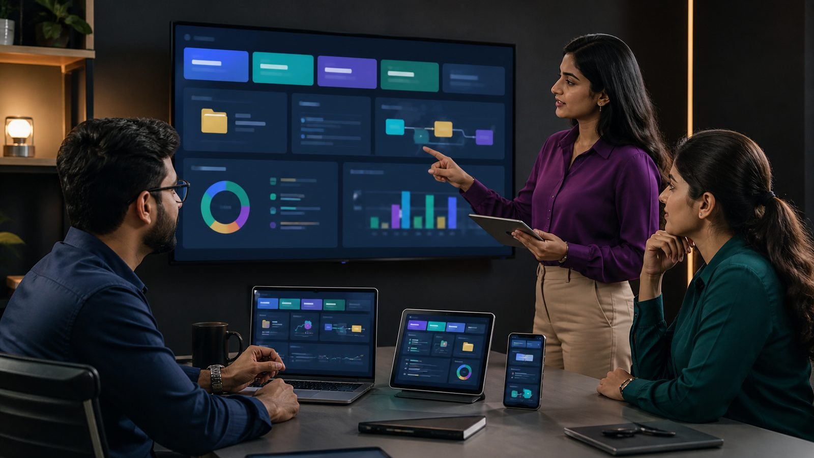Technology specialists reviewing a connected product experience across devices