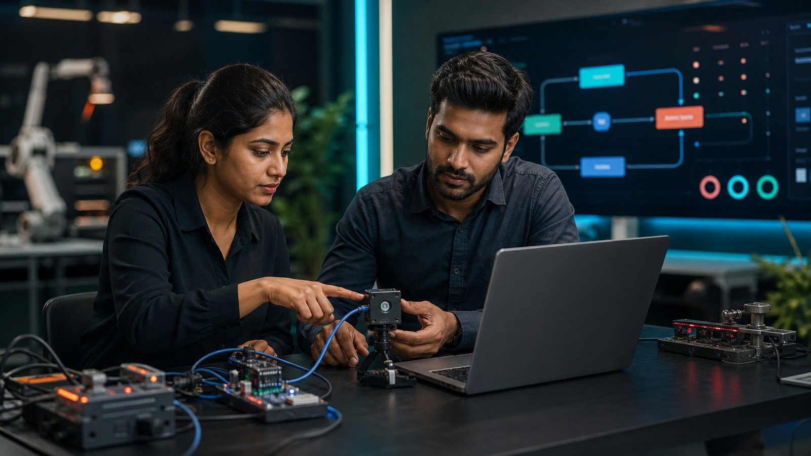 Automation engineers testing a sensor prototype connected to a workflow system