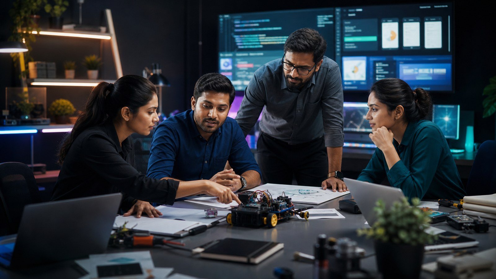 Indian product team reviewing software and connected hardware ideas together
