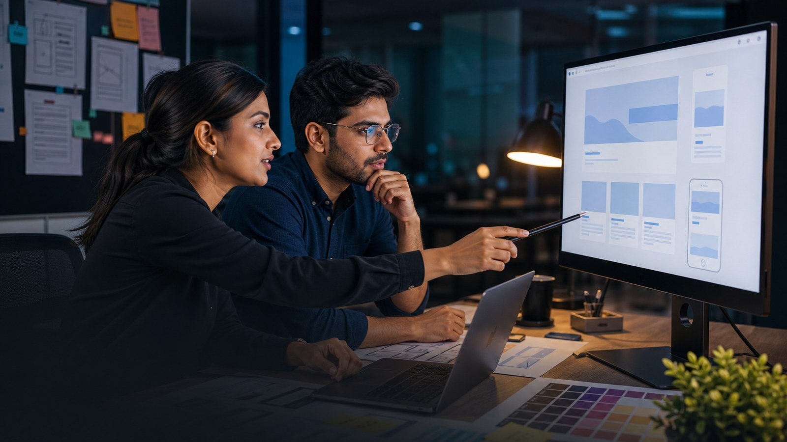 Product designer and software engineer reviewing a responsive website prototype